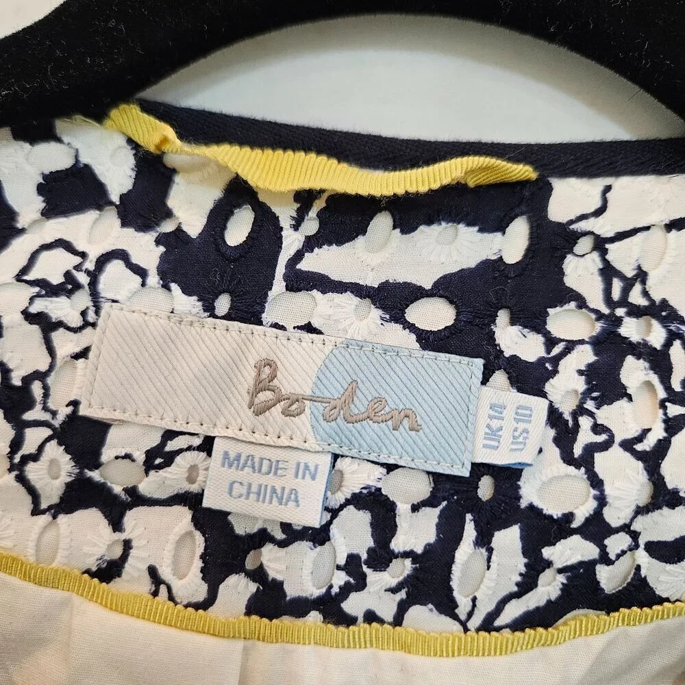 Boden Amelie Broderie Biker Jacket Sz 10 White Black Zip Front Floral Officewear